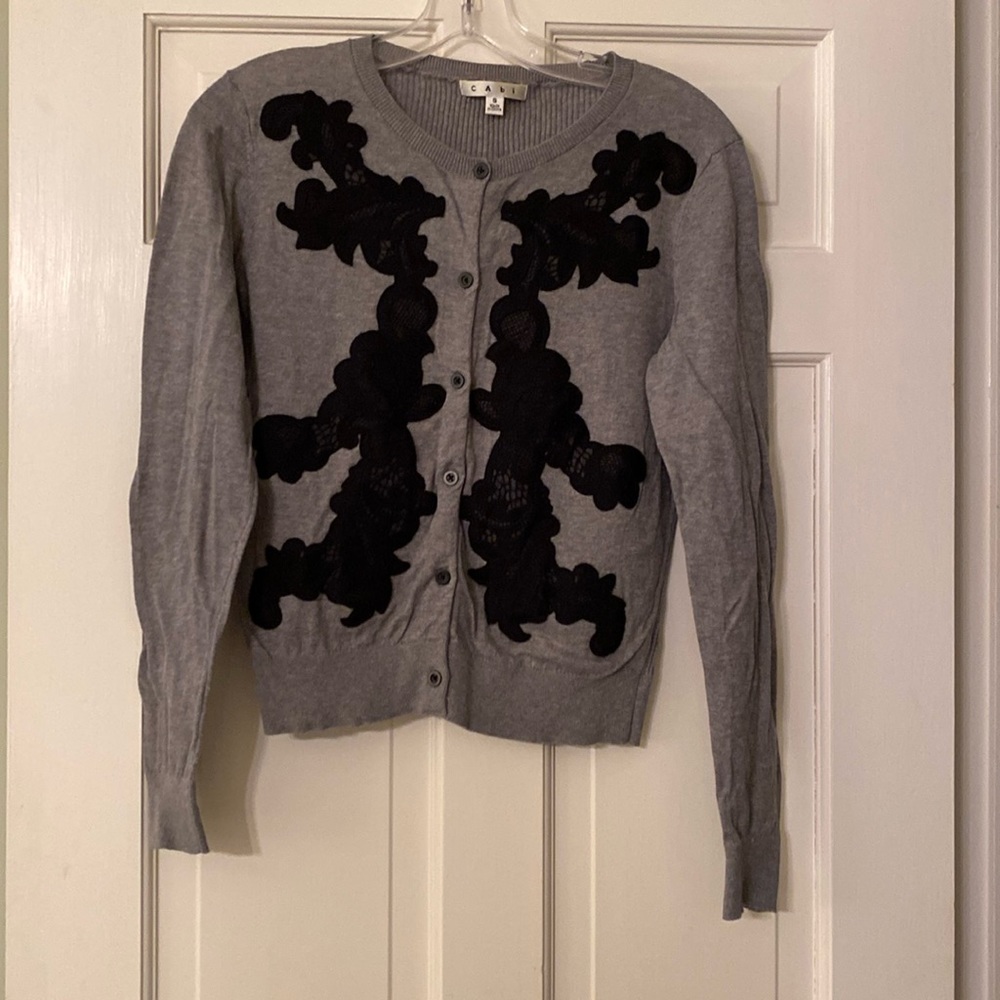 Cabi grey cardigan with black lace embelishment